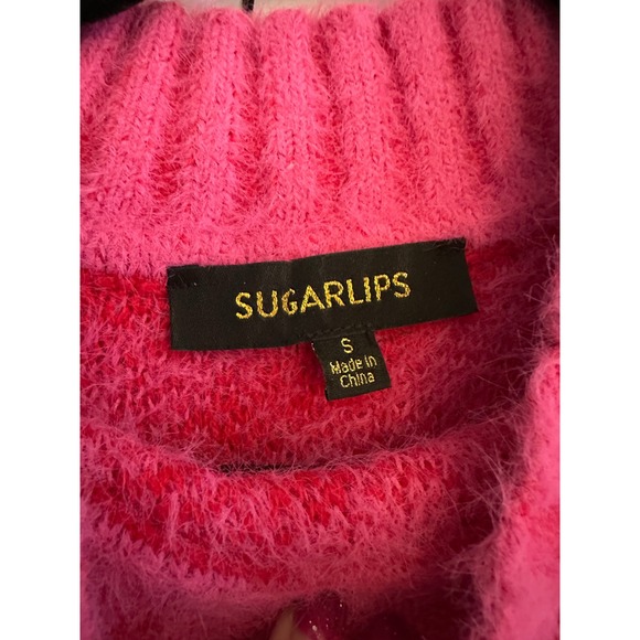 SUGARLIPS Pink Red Geometric‎ Fuzzy Knit Mock Neck Sweater Top Size S - Picture 2 of 5